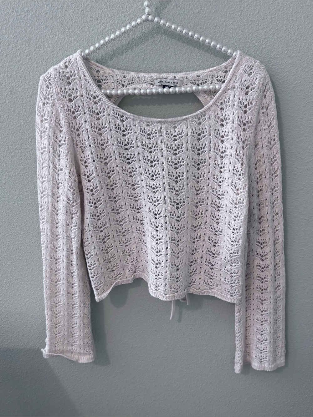 American Eagle Outfitters Cream Crochet Long-Sleeve Drawstring Top